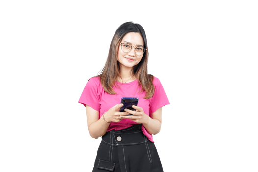 A woman in a pink shirt and black skirt holding a cell phone png