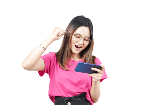 A woman in pink shirt holding up her phone png