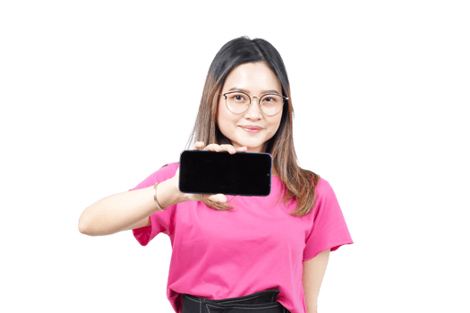 A woman in pink shirt holding up a cell phone png