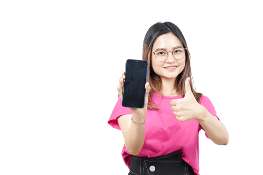 A woman holding up a cell phone with thumbs up png