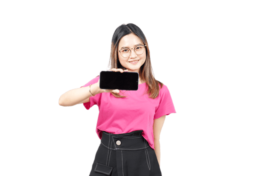A woman in pink shirt holding a cell phone png