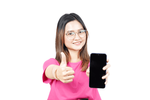A woman holding up a smart phone with thumbs up png
