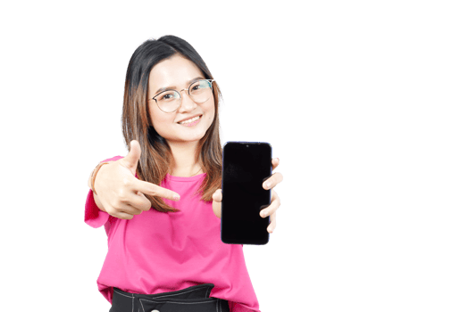 A woman holding up a smart phone with her hand png