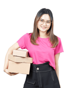 A woman in glasses holding a box and a pink shirt png