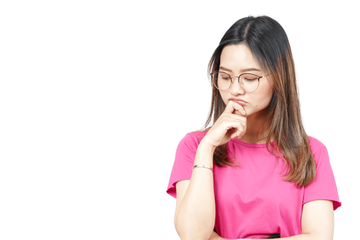 A woman in glasses is thinking about something png