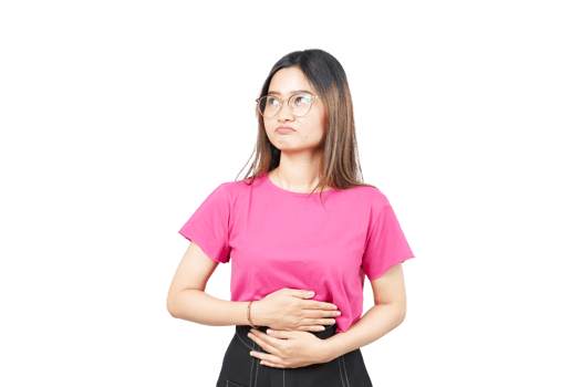A woman in a pink shirt holding her stomach png