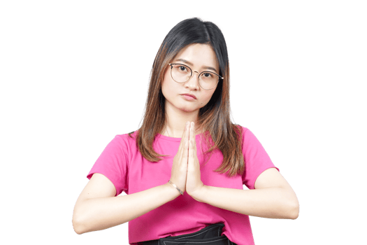 A woman in a pink shirt and glasses is making a gesture png