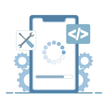 Concept of repair and upgrade process, loading software on smartphone screen, gear button, screwdriver, system software upgrade and update, installation process, new update process. flat illustration. vector