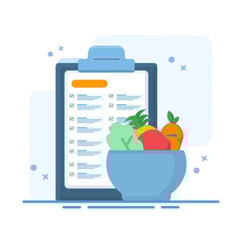 clipboard with organic and nutritious food. daily nutrition checklist, Concept of healthy meal planning, balanced diet or diet tracking. health, fitness or nutrition app. Flat illustration. vector