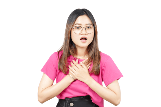 A woman with glasses and a pink shirt is holding her chest png