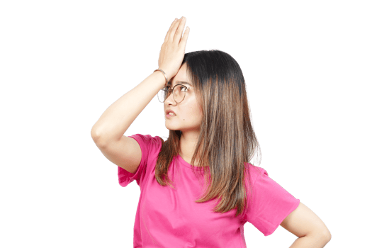 A woman in a pink shirt is holding her hands to her head png