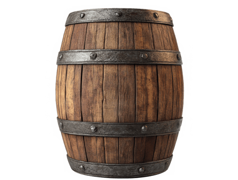 Traditional Wooden Barrel with Metal Bands for Storage or Aging png