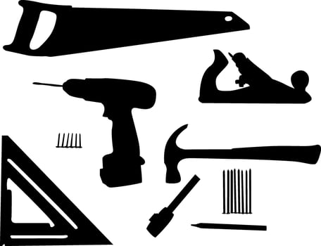 Collection of woodworking and construction tools silhouettes vector