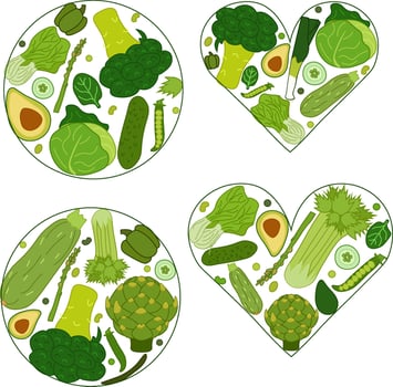 Fresh green veggies Round and heart Composition set. flat composition. Banner, poster, wrapping paper, sticker, print, modern textile design. Eat green vector