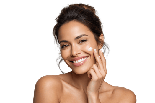 Beautiful Hispanic woman enjoys applying skincare cream while smiling, showcasing her radiant glow in a professional studio setting png