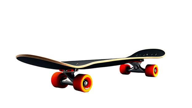 Sleek Black Skateboard with Orange Wheels png