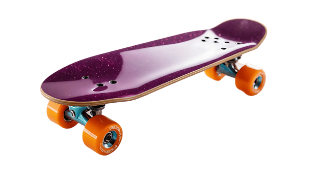 Purple Glitter Skateboard with Orange Wheels png