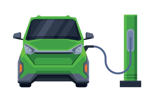 Front View of Green Car at Fuel Station, Modern Urban City Vehicle Flat Illustration vector