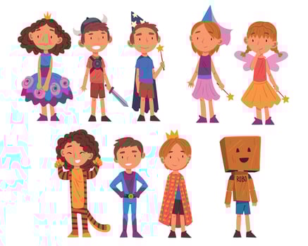 Happy Girls and Boys Dressed as Fairytale Heroes Collection, Cute Kids Playing Dress Up Game Cartoon Illustration vector