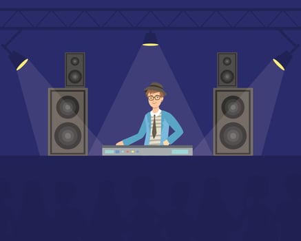 DJ in Headphones Mixing Music Playing Music on Mixer Console Deck, Creative People Profession or Hobby Illustration vector