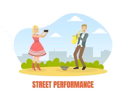 Street Performance, Male Street Musician Playing Saxophone, Creative People Profession or Hobby Illustration vector
