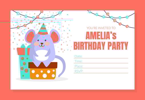 Kids Birthday Party Invitation Card Template with Cute Mouse Animal and Space for Text Illustration vector
