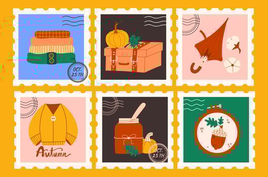 Autumn-themed stamps with cozy illustrations. vector