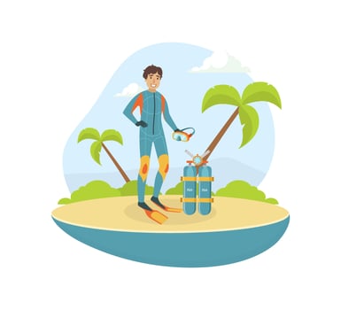 Male Scuba Diver in Diving Suit and Flippers Standing on Tropical Beach, Water Active Sport, Summer Vacation Illustration vector