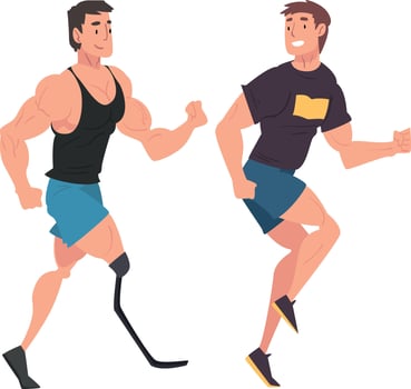 Disabled Man Running with His Friend, Handicapped Man Doing Sports and Having Good Time, Person Enjoying Full Life Illustration vector