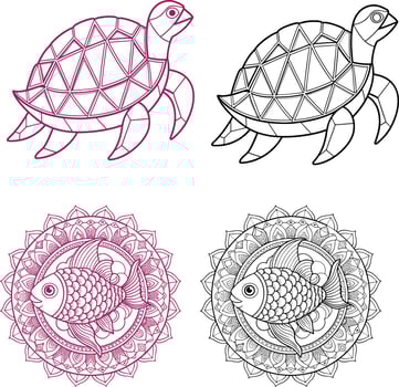 Cute turtle and fish mandala line art colouring page vector