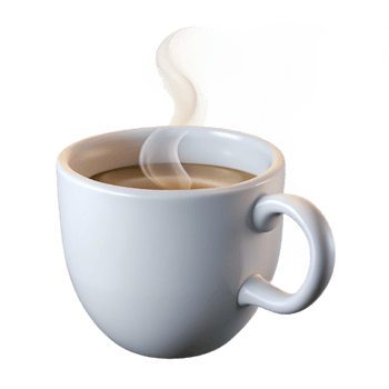 notable urban Coffee mug, white, steam rising, with Transparent Background museum quality png