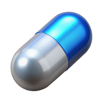 wonderful celebrated Isolated cutout, photorealistic, ultra-detailed A single, gleaming silver pill with a glowing blue core with Transparent Background png