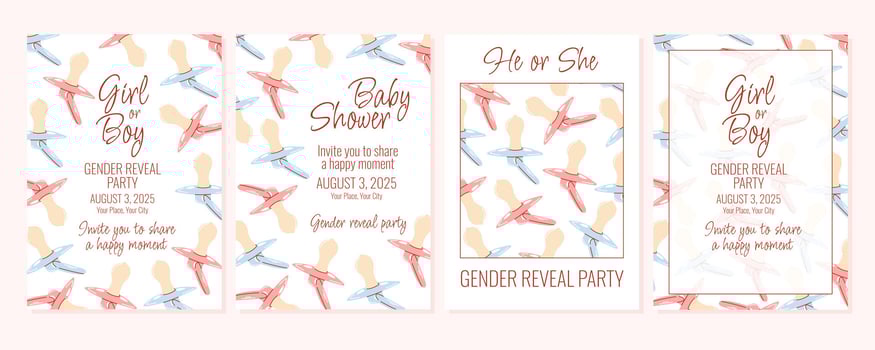 Girl or boy invitation, gender reveal party. Blue and pink baby pacifier background and pattern. Hand drawn flat illustration, a4 vertical posters set for happy moment, greeting card, postcard vector