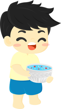 A cartoon boy holding a bowl of fruit png