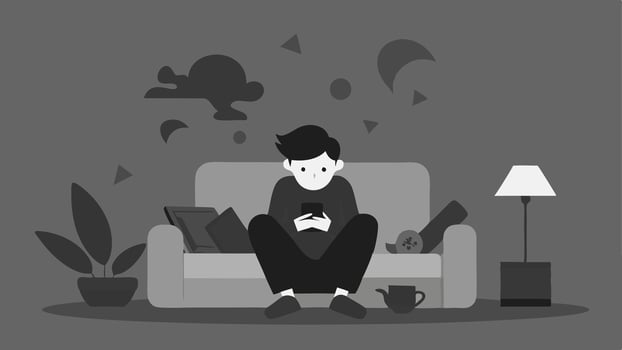 Isolated Individual A person sitting on a couch surrounded by a cluttered room completely engrossed in their phone as the world around them fades into grayscale.. vector