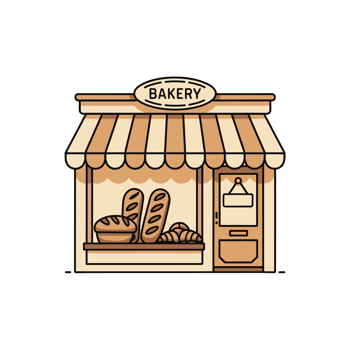 A quaint bakery with an awning prominently displays bread in the window cutouts png