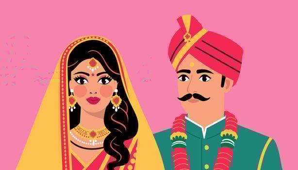 Indian wedding. Groom and bride in traditional clothes. illustration on pink background vector