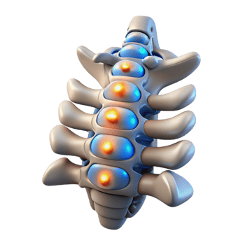 vibrant standout Hyper-specific photorealistic biomechanical spine, vertebrae with integrated circuitry, glowing nodes, titanium alloy, isolated cutout with Transparent Background png
