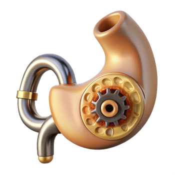 iconic retro Hyper-specific photorealistic biomechanical stomach, digestive system exposed, churning gears, brass and gold, isolated cutout with Transparent Background genuine png