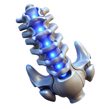 hypnotic exemplary Hyper-specific photorealistic biomechanical spine, vertebrae with integrated circuitry, glowing nodes, titanium alloy, isolated cutout with Transparent Background png