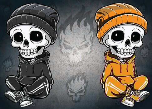 A hoodie-wearing skeleton with a beanie, relaxing in a sitting position. vector