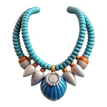 sumptuous playful creative Photorealistic, ultra-detailed, isolated cutout of a tribal woman's beaded necklace with turquoise and shell pendants with Transparent Background high quality png