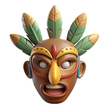 gorgeous calm vintage A stylized tribal mask with feather adornments, with Transparent Background studio quality png