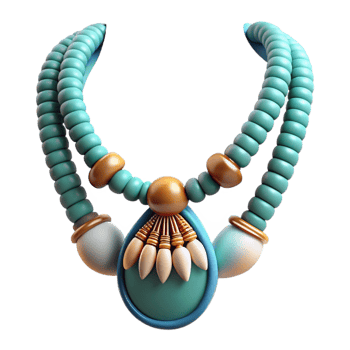 picturesque nordic Photorealistic, ultra-detailed, isolated cutout of a tribal woman's beaded necklace with turquoise and shell pendants with Transparent Background perfect clarity png
