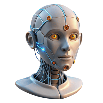 dazzling avant-garde Humanoid robot head with exposed wires and glowing circuits with Transparent Background expertly shot png