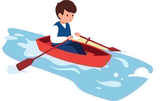 Young boy paddling a bright red kayak through gentle blue waters in a flat illustration vector