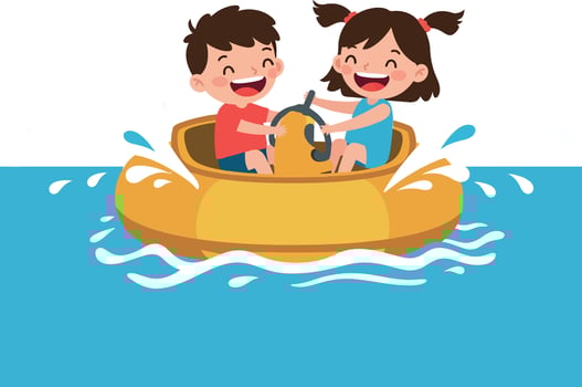 Two joyful children paddling in a yellow boat on blue water in flat illustration vector