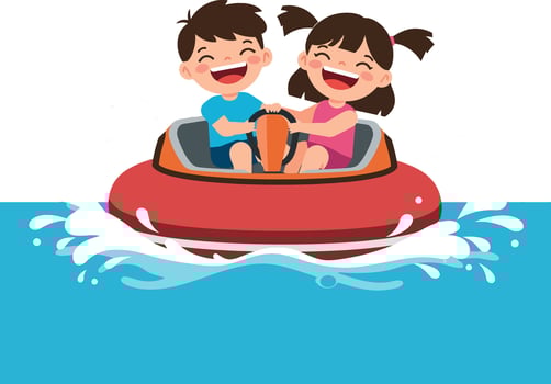 Two children enjoying a fun ride in a red bumper boat on a bright blue water surface illustration vector