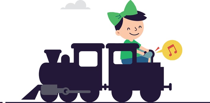 A cheerful child driving a toy train with a green bow in a flat illustration vector