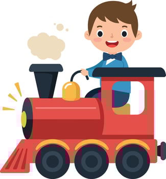 A cheerful boy driving a bright red toy train in a playful flat art style vector